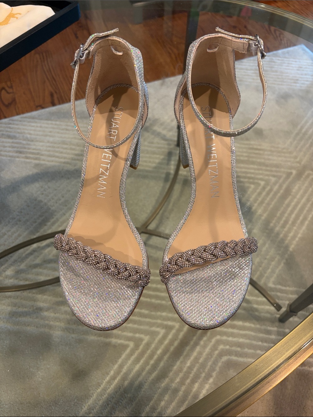Stuart Weitzman 7.5 (38) Sparkle Braided-Front Ankle Strap Heels in Silver